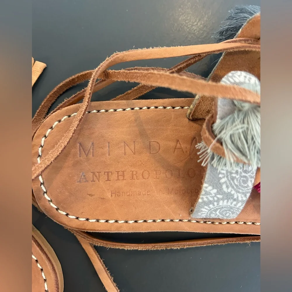 Anthropologie / Minda Tan Leather Sandals with Gray & Pink Tassels - Picture 2 of 5